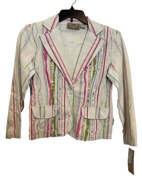 Colorful Striped Cotton Blazer With Sequins & Button Closure